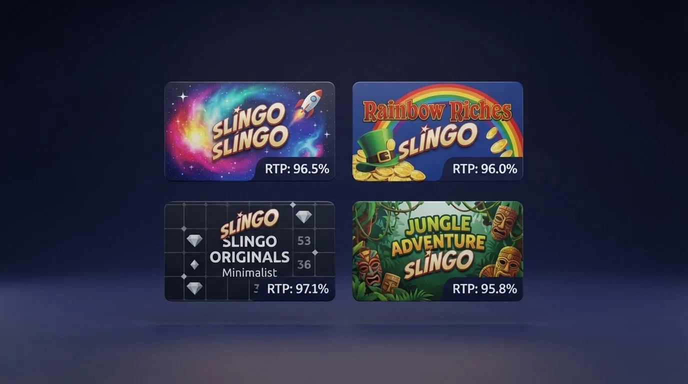 Four Slingo game title cards — Starburst, Rainbow Riches, XXXtreme and Inca Trail — arranged in a grid with their RTP percentages overlaid