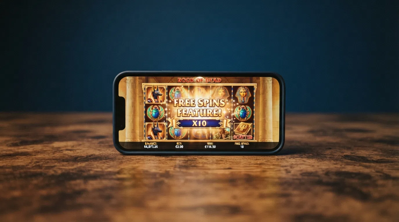 Close-up of online slot game reels with a welcome bonus free spins notification overlay