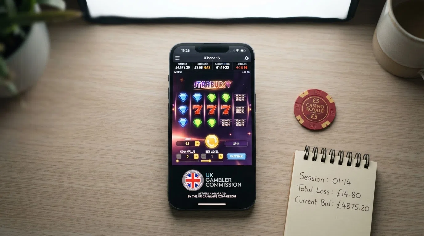An online slot game screen displaying a maximum stake of £5.00 per spin next to a session timer and total-loss counter, with the UK Gambling Commission logo in the footer