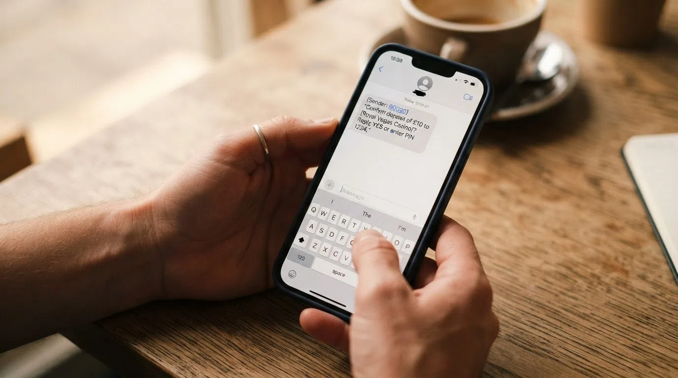 A hand holding a phone that shows a text-message confirmation for a casino deposit