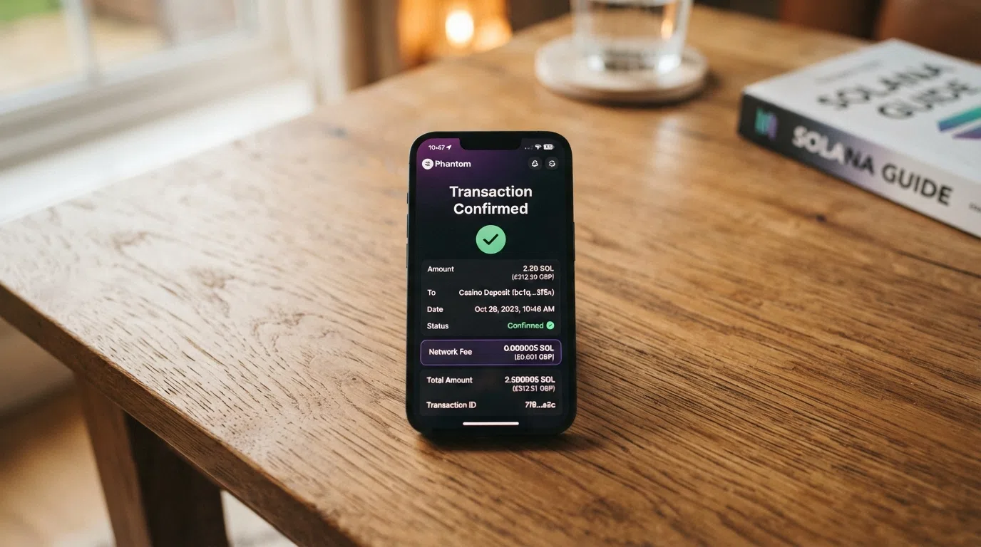 A Phantom wallet interface on a mobile screen showing a SOL transfer confirmation with the transaction fee of 0.000005 SOL highlighted and a status reading confirmed