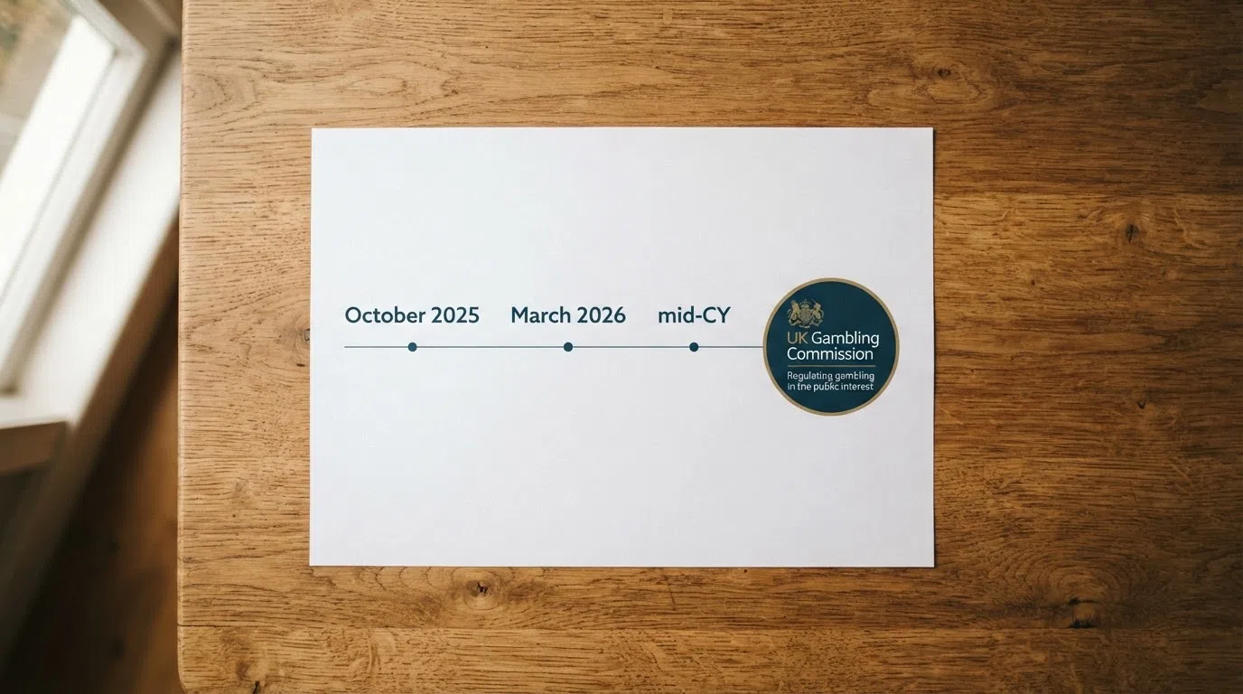 A simple timeline graphic showing October 2025 (licence suspended), March 2026 (licence reinstated), and mid-2026 (availability still in flux), with the UKGC logo.