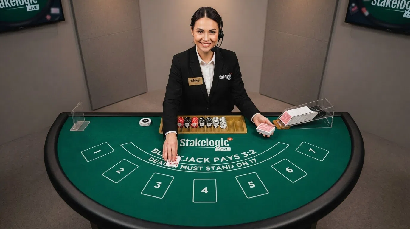 A live-dealer blackjack table filmed from an overhead angle, with a human dealer standing behind a blackjack felt, the Stakelogic Live logo visible on the table branding, in a broadcast-studio setting with warm lighting
