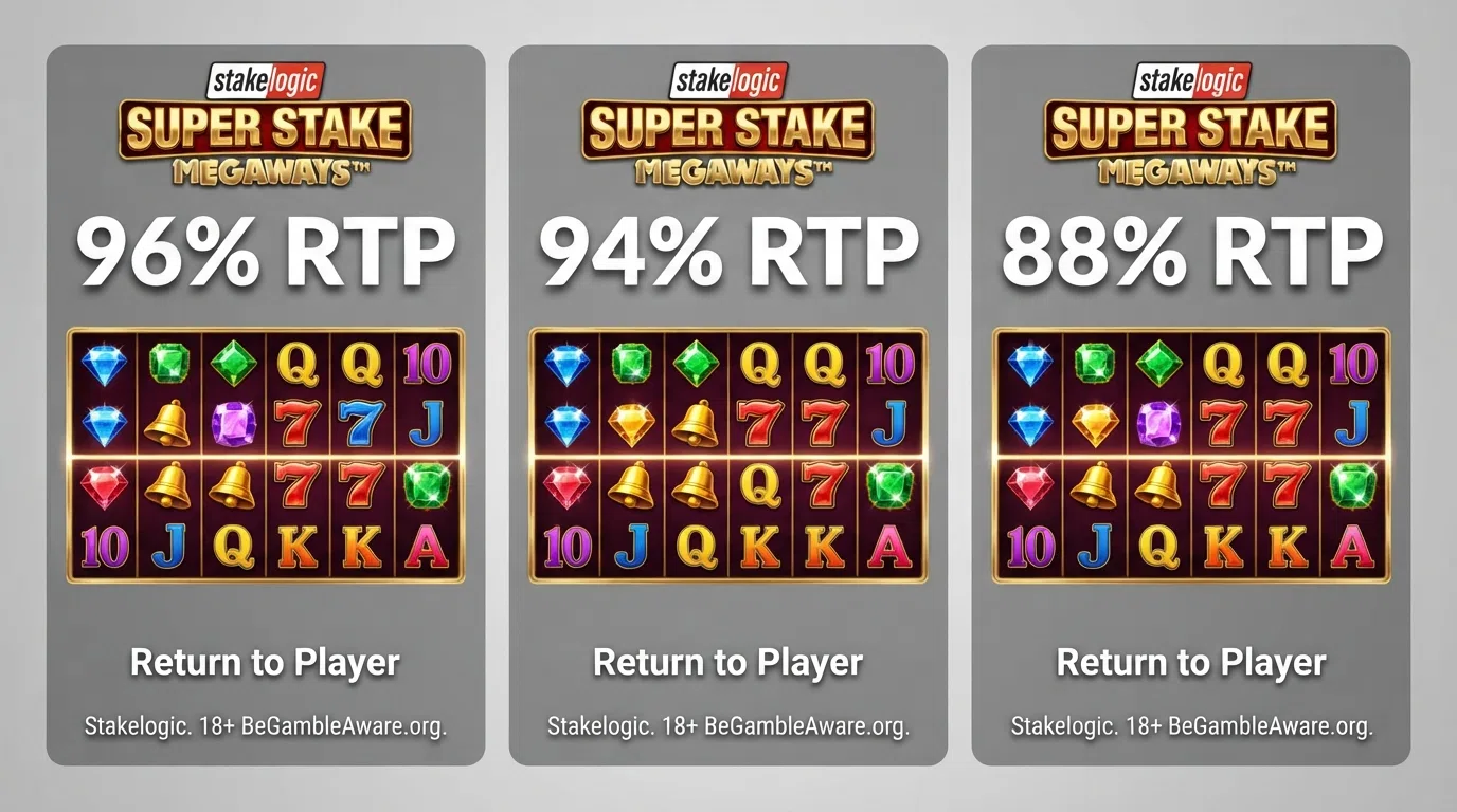 A side-by-side visual showing the same Stakelogic slot title screen with three different RTP figures — 96%, 94% and 88% — displayed as on-screen overlays above three identical game reels