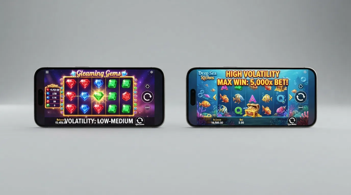 Side-by-side screenshots of Starburst and Big Bass Bonanza game reels on a mobile phone screen, with the RTP and volatility labels overlaid