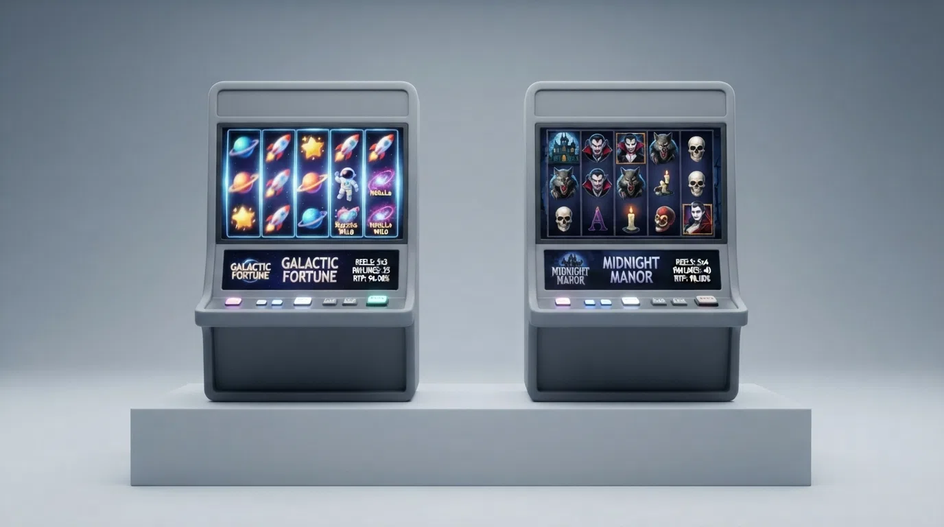 The Starburst and Blood Suckers slot reels shown side by side, with their RTP figures overlaid — Starburst at 96.08% and Blood Suckers at 98.00%