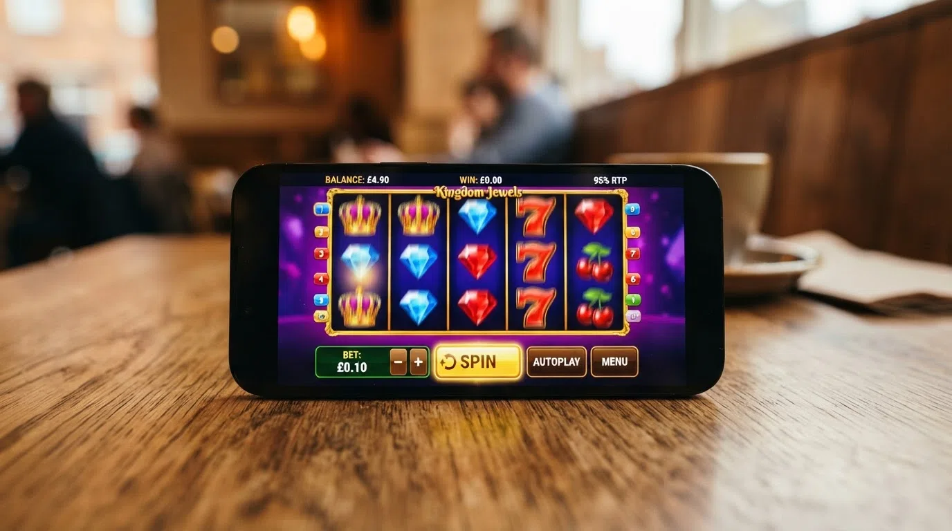 A smartphone displaying the Starburst slot reels mid-spin with the £0.10 bet amount visible in the control bar