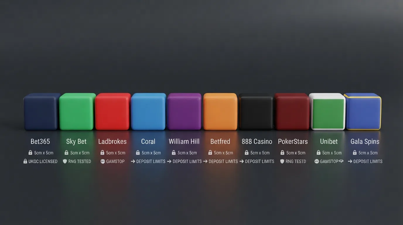 A row of ten UK-licensed casino logos arranged above a checklist of trust criteria — licence, RNG testing, GAMSTOP, deposit limits