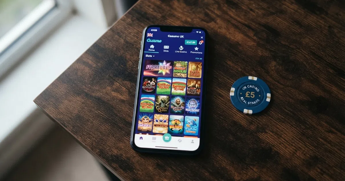 A top-down view of a smartphone displaying a UK online casino lobby with slot-game tiles against a dark desk background