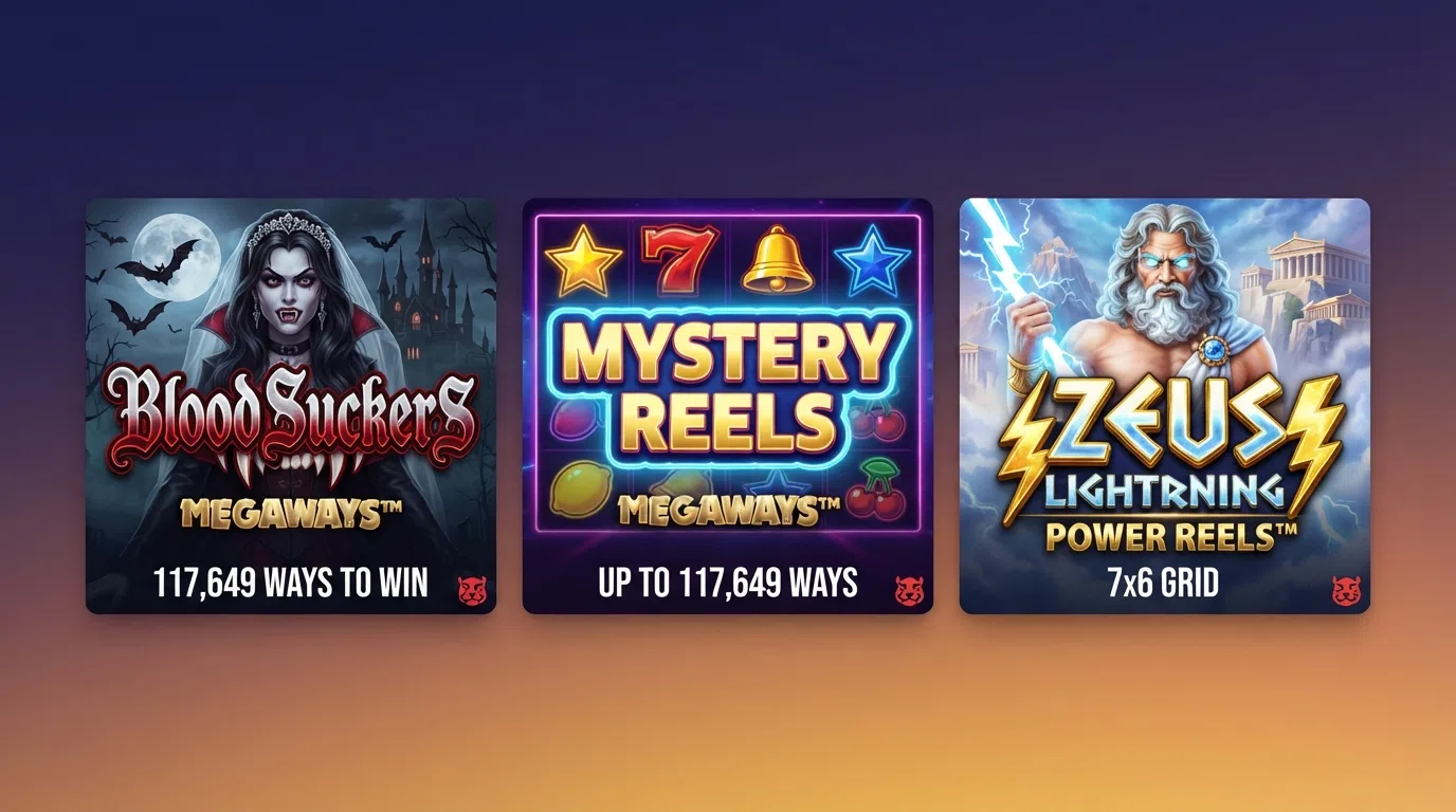 Title cards for Blood Suckers Megaways, Mystery Reels Megaways and Zeus Lightning Power Reels arranged in descending RTP order