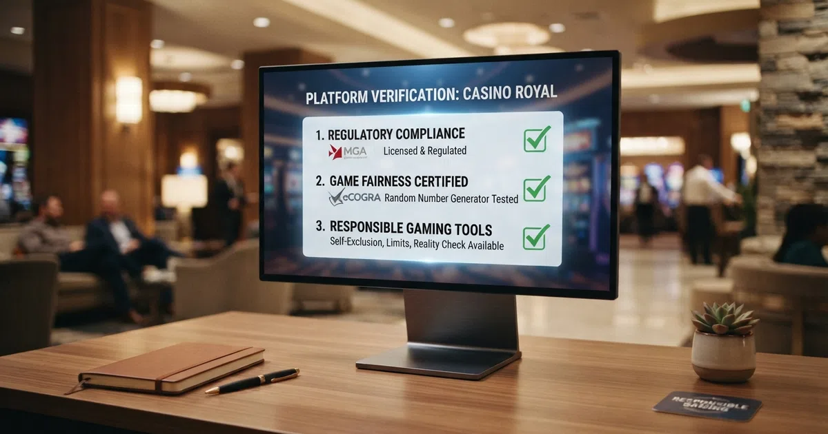 A casino lobby screen with a checklist overlay marking licence, RNG fairness and self-exclusion as the items being verified