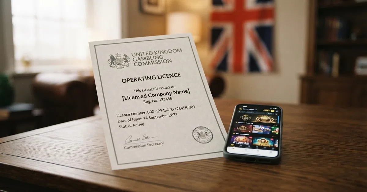 A UK Gambling Commission operating licence certificate laid on a dark desk beside a smartphone displaying a casino lobby, with the Union Jack visible in soft focus behind