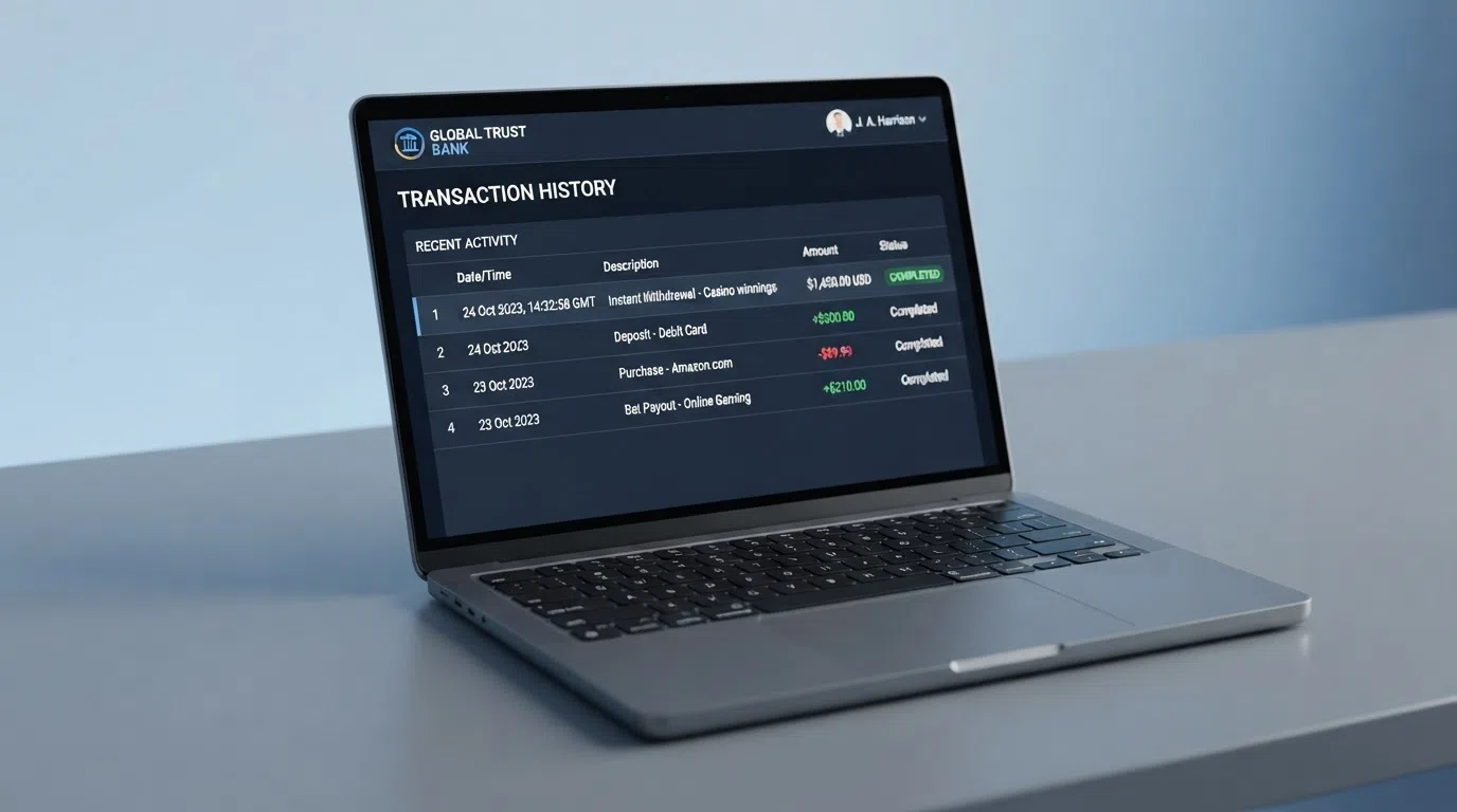 A laptop displaying a bank statement or casino transaction history with a Trustly withdrawal marked as completed, showing a timestamp within the same day.