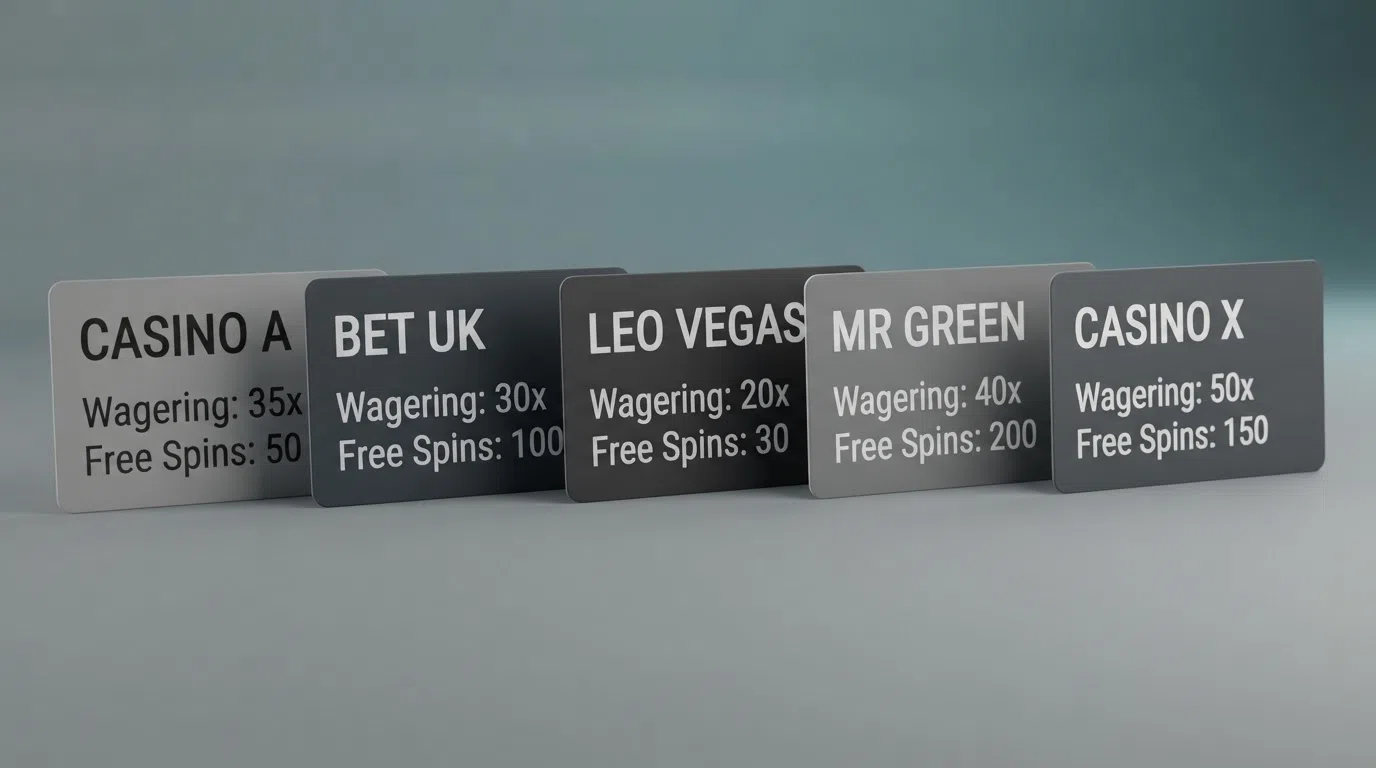 A side-by-side view of welcome-offer summary cards from several UK-licensed casino sites, with the wagering figure and free-spin count highlighted on each