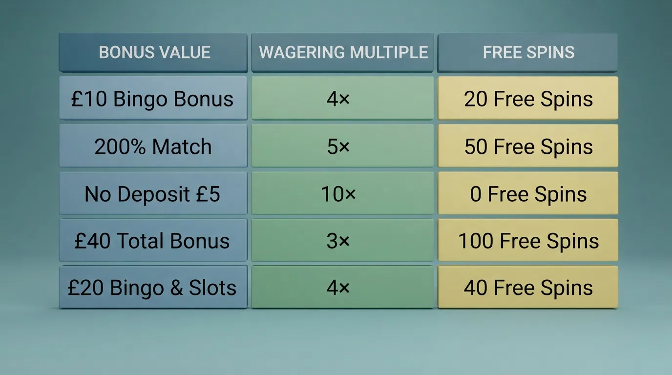 A comparison-grid layout of UK bingo casino welcome offers with the operator logo, bonus value, wagering multiple and free-spin count in columns