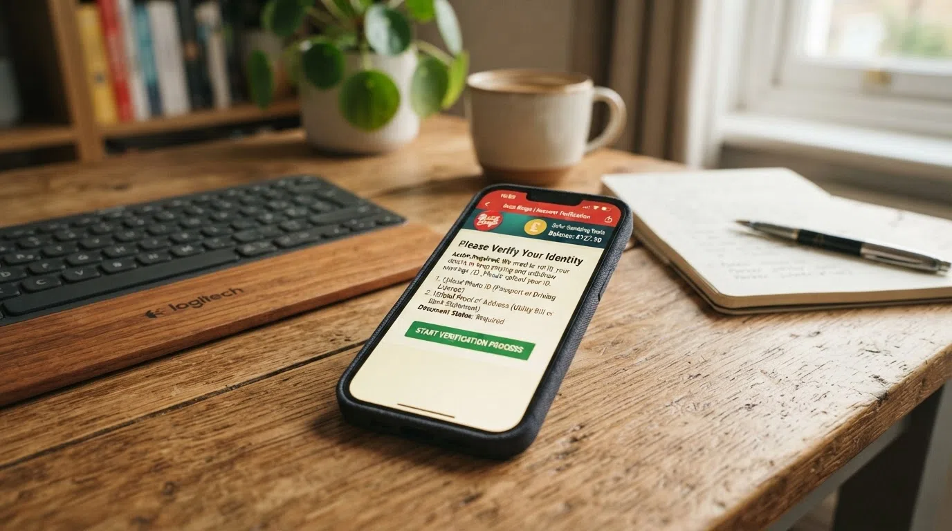 A smartphone screen showing a bingo site's licence details and a verification prompt.