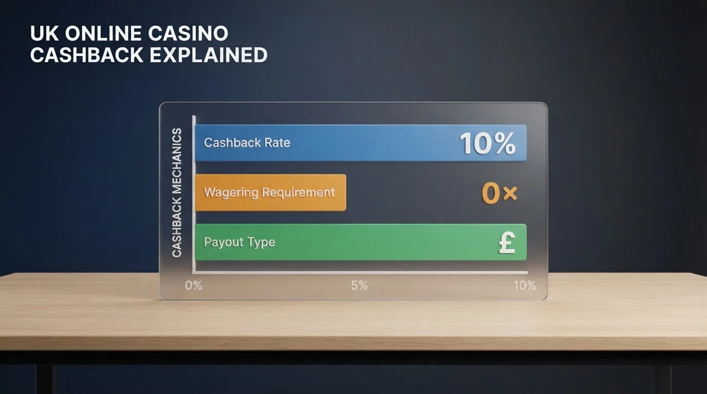 A side-by-side visual comparison of cashback offers showing rate, wagering and payout-type badges for UK-licensed casino brands