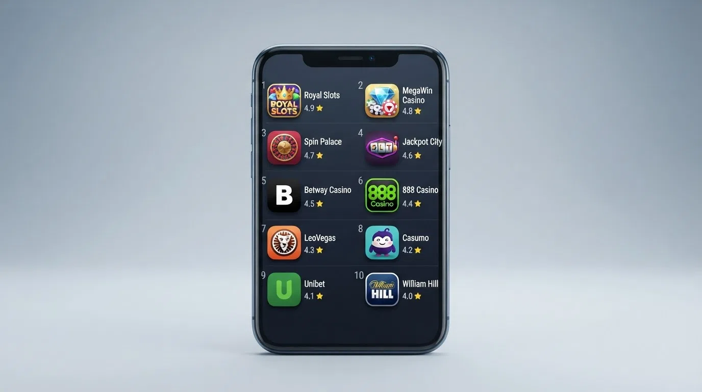 A side-by-side grid view of multiple casino app icons on a smartphone display, each with a star rating beneath it, arranged in ranked order