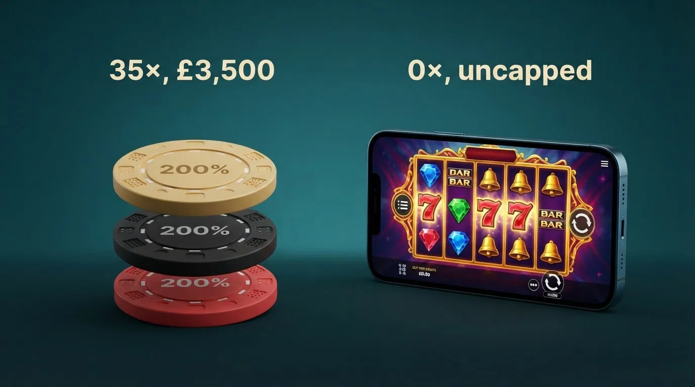 Two casino bonus offers laid side by side with different wagering and cashout figures