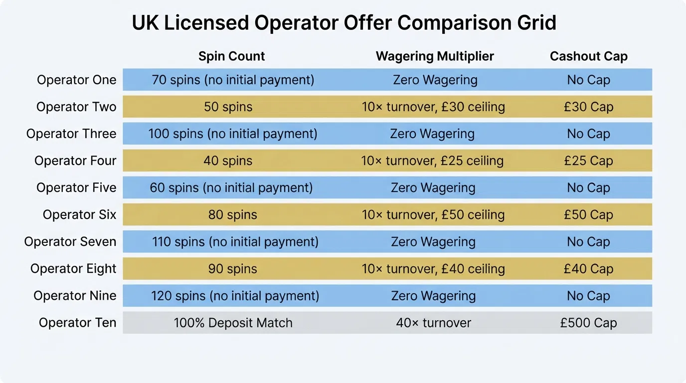 A visual comparison grid showing the key terms — spin count, wagering multiplier and cashout cap — for each of the 10 featured operators side by side