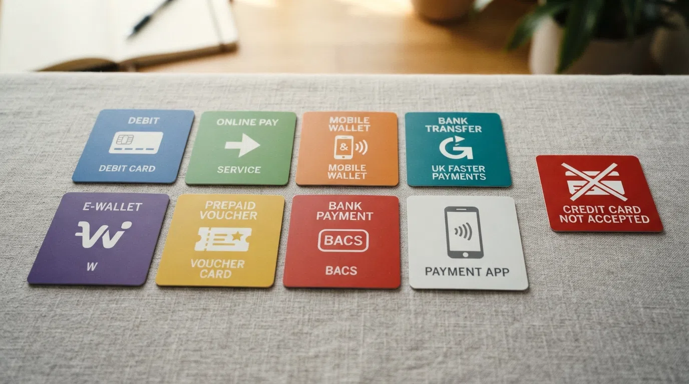 Eight payment-method icons (debit card, PayPal, Apple Pay, Trustly, Skrill, Paysafecard, bank transfer, phone) arranged as a grid with a green tick on each and a single red-crossed credit card icon off to the side