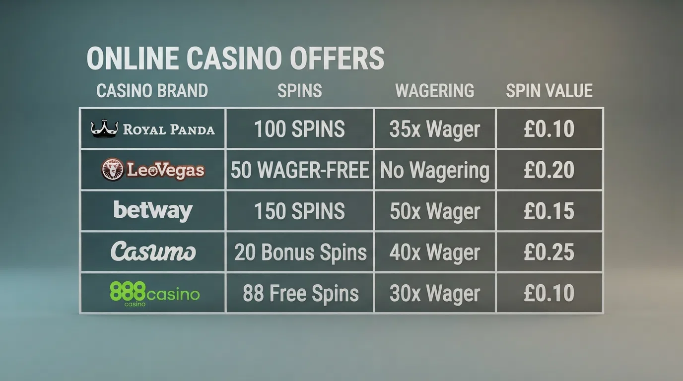 A grid or side-by-side visual representing multiple UK casino brands arranged for comparison, clean and uncluttered