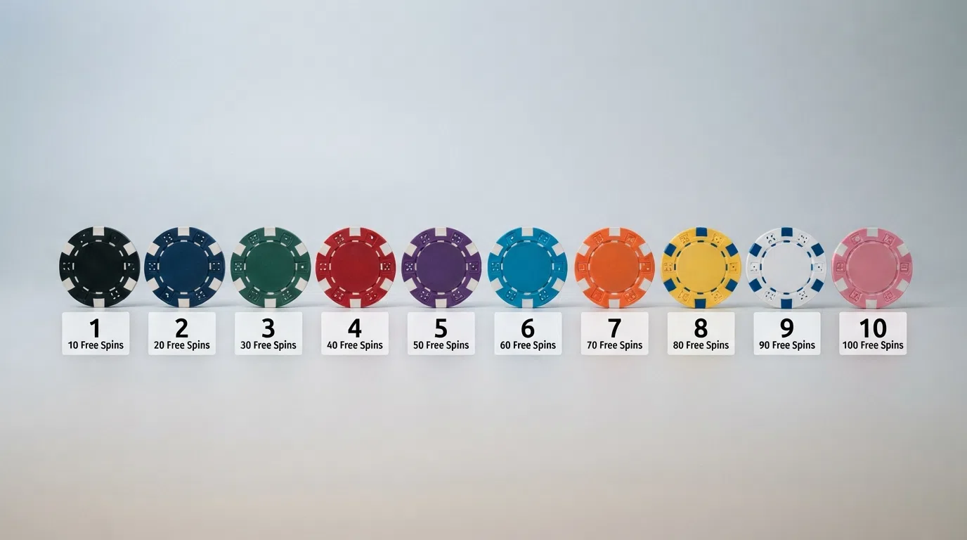A grid of UK casino operator logos arranged in ranked order with the number of free spins displayed beneath each one
