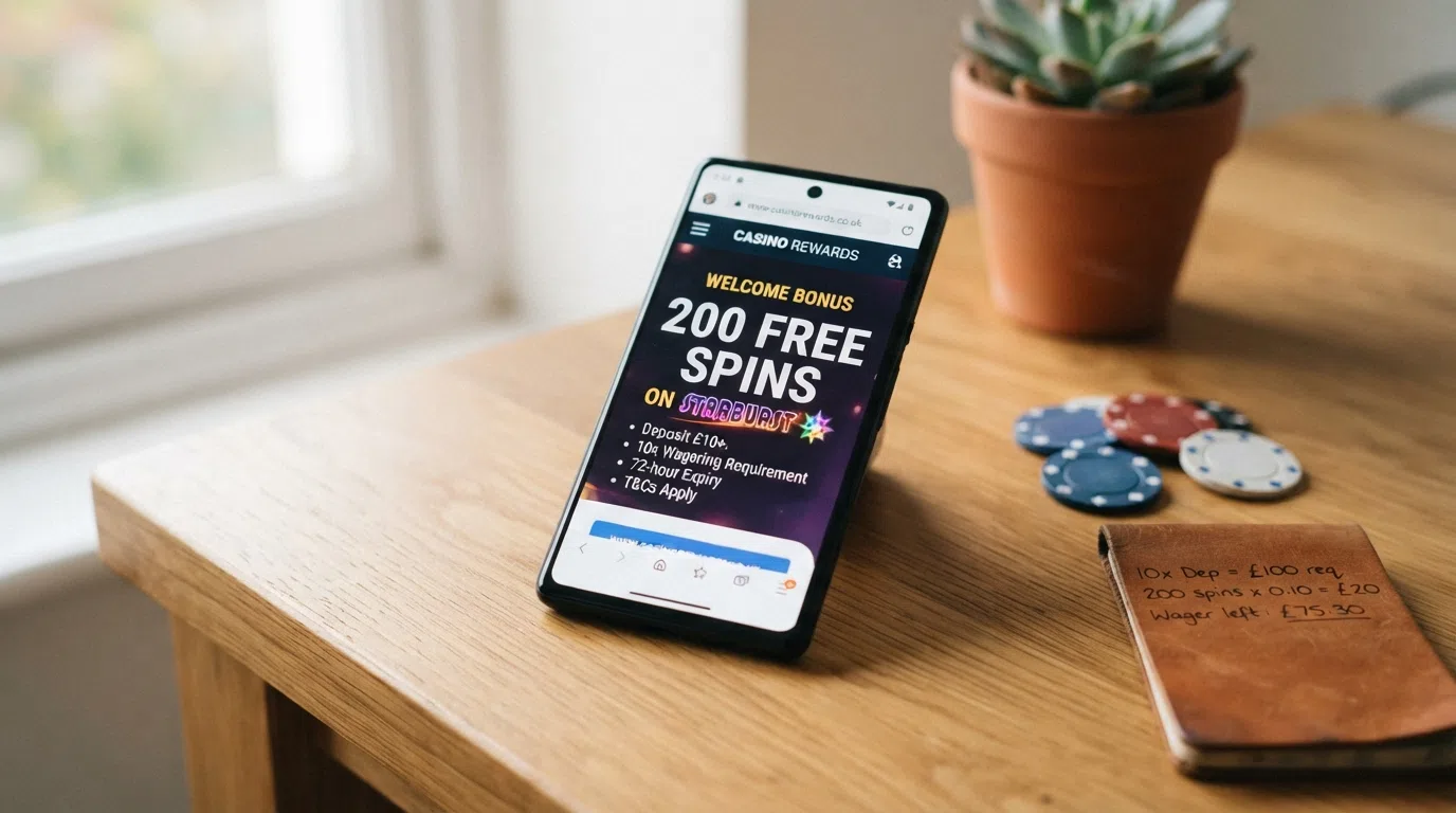 UK online casino promotion page showing a free spins welcome offer with wagering requirement and expiry date clearly displayed