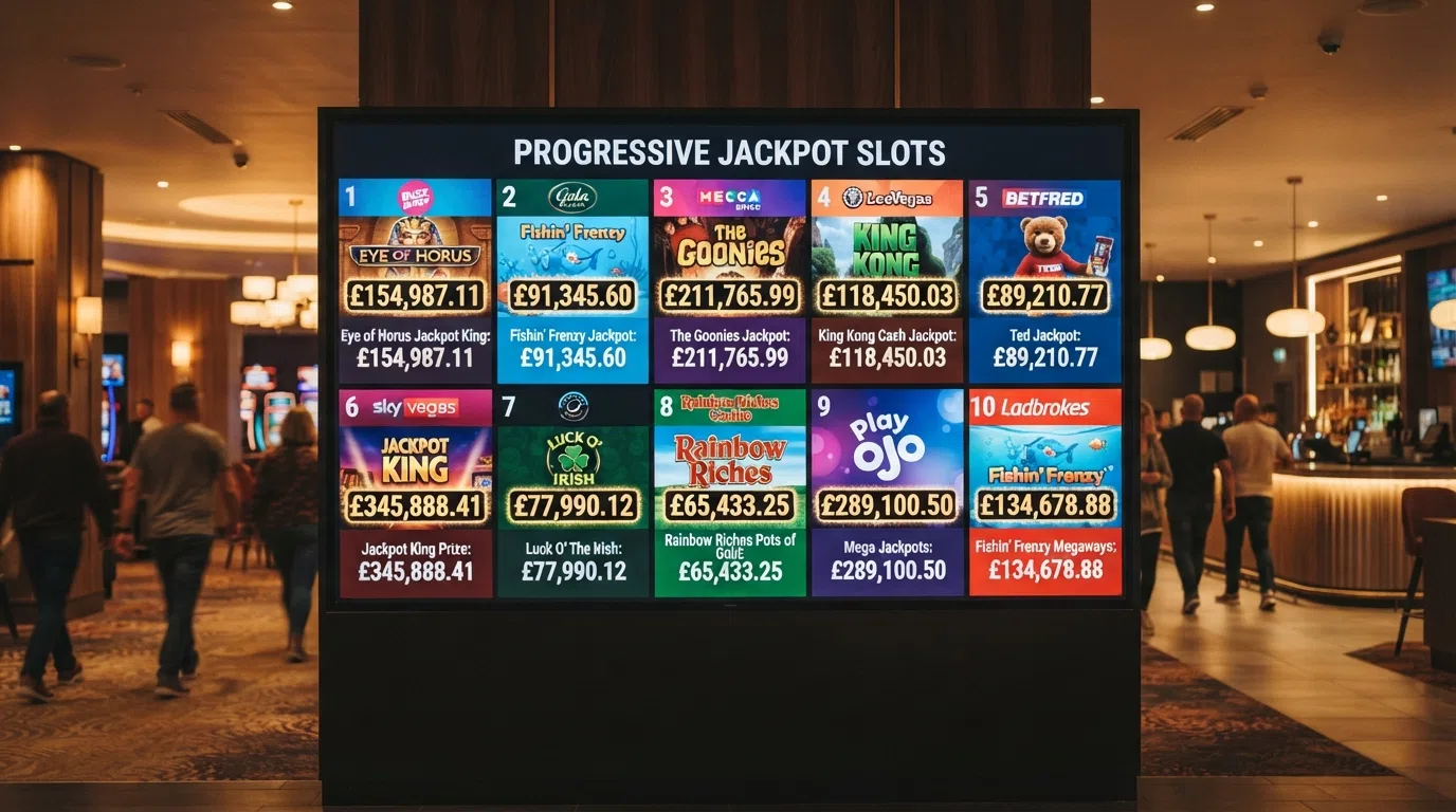 A side-by-side view of UK casino homepages with Jackpot King slots promoted in their games lobbies, the progressive jackpot total visible across screens