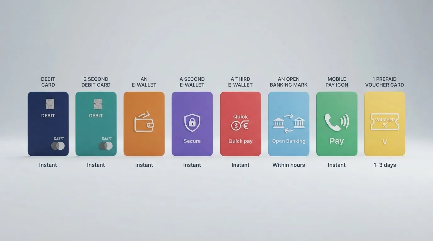 A side-by-side layout of payment method icons — Visa Debit, Mastercard, PayPal, Skrill, Neteller, Trustly, Apple Pay and Paysafecard — with deposit and withdrawal speed labels beneath each one