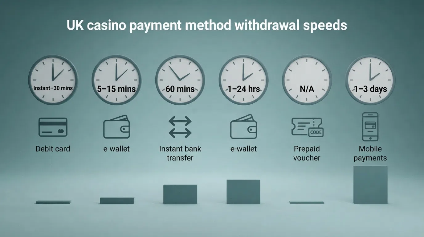 Side-by-side comparison visual showing deposit and withdrawal speed for six UK casino payment methods — debit card, PayPal, Trustly, Skrill, Paysafecard, and Apple Pay — with a clock icon indicating time ranges