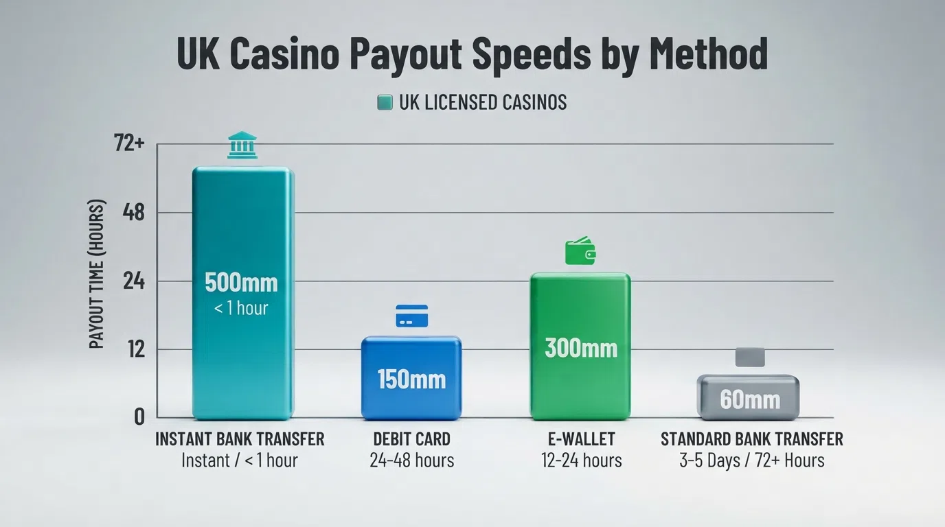 A bar chart comparing withdrawal processing times — instant bank transfer, debit card, e-wallet and standard bank transfer — across UK-licensed casinos
