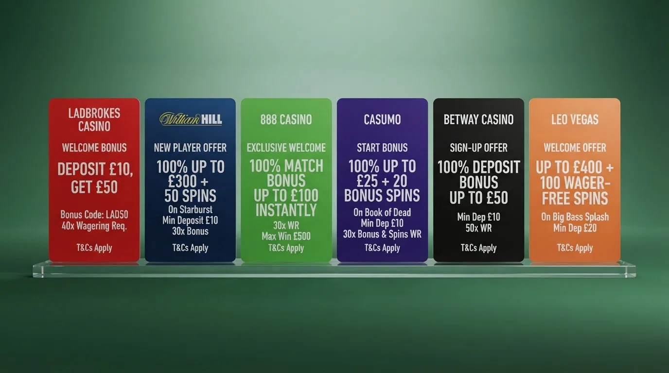 A side-by-side layout of welcome bonus cards from multiple UK-licensed online casinos, showing free-spin counts and wagering terms
