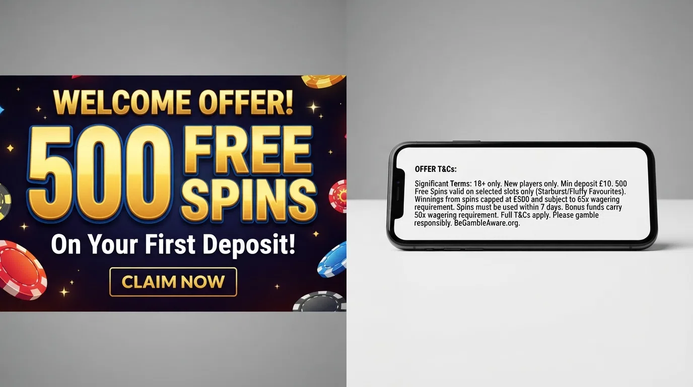 A split-frame composition of a casino welcome-offer banner alongside a smartphone showing terms-and-conditions text