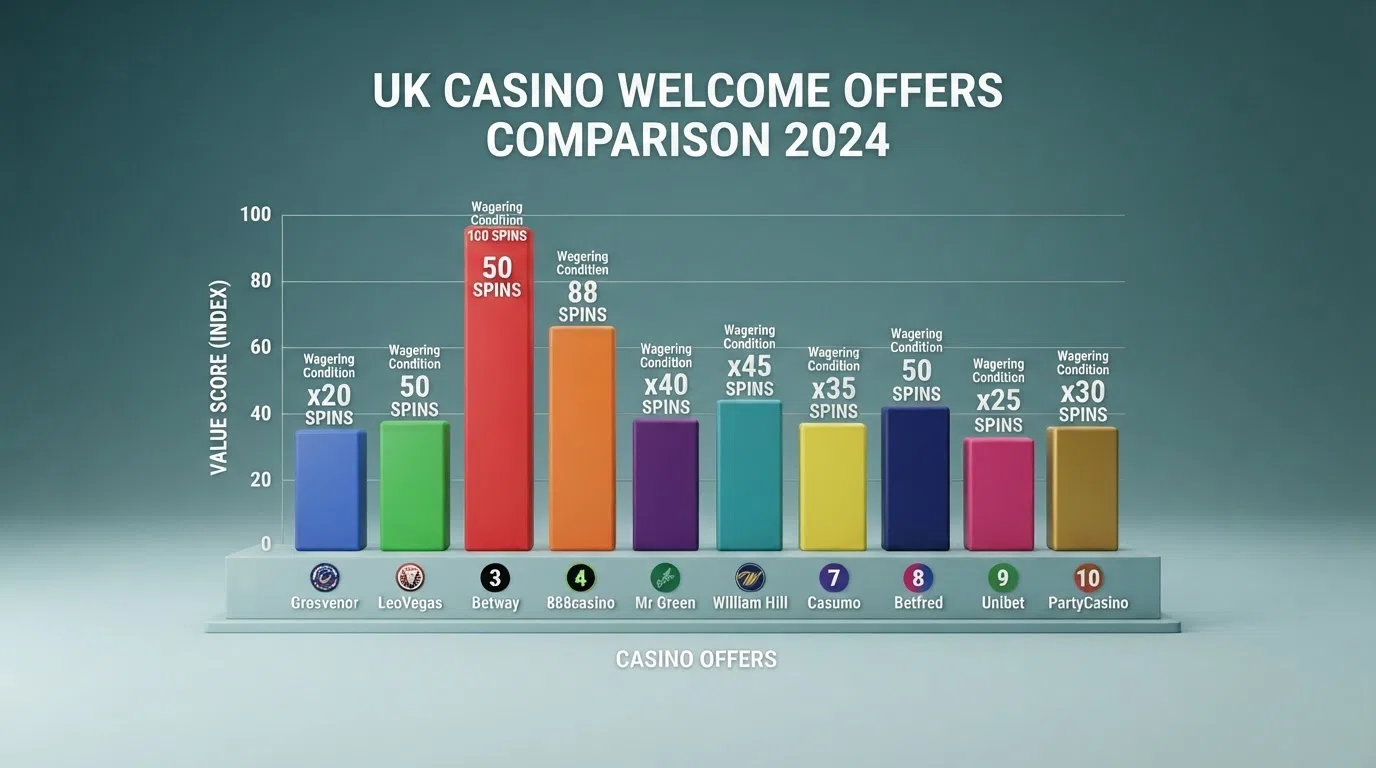 A comparison table of ten casino welcome offers listing wagering, spin count and licence side by side