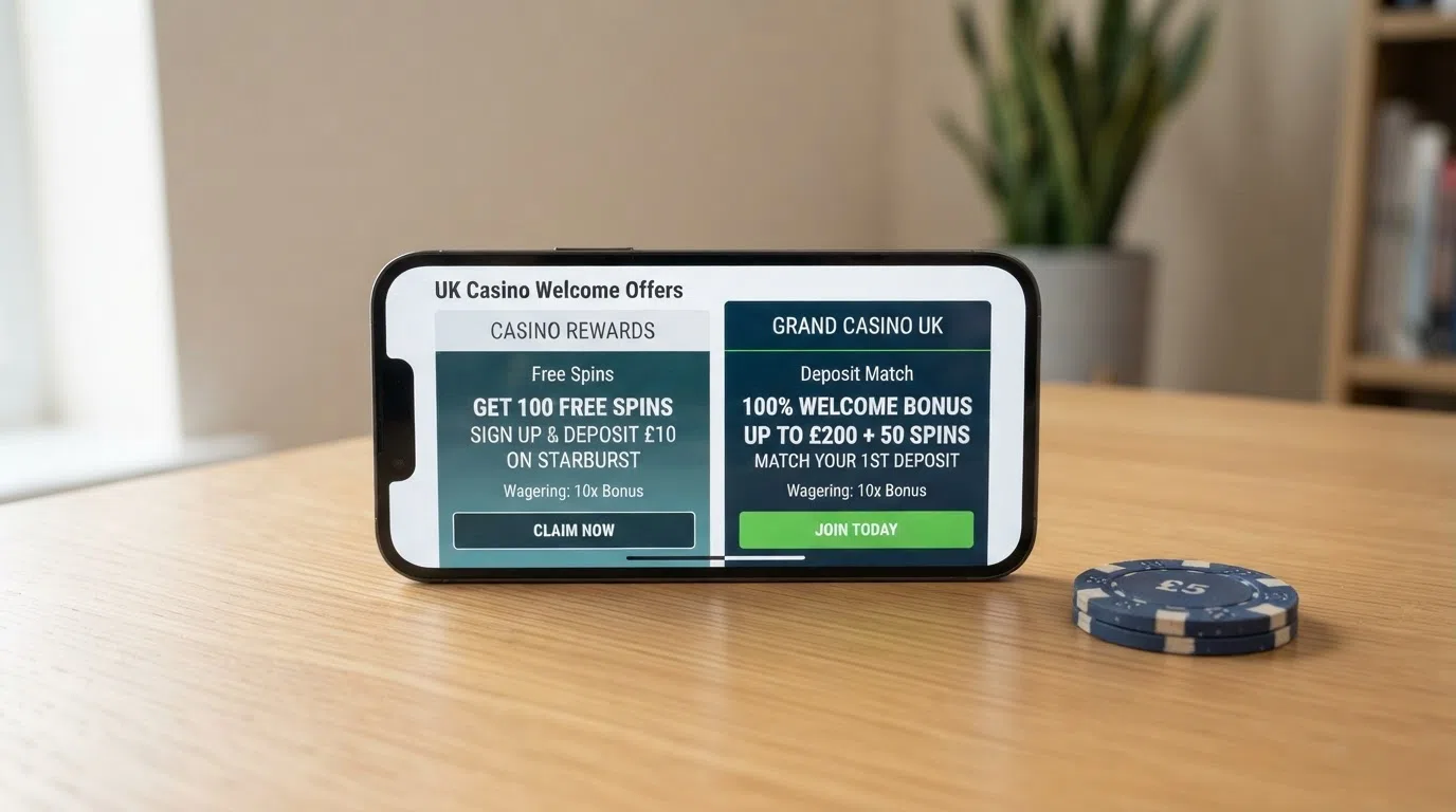 A split screen comparing two UK online casino welcome offer pages, one showing a free-spins promotion and the other a deposit-match bonus
