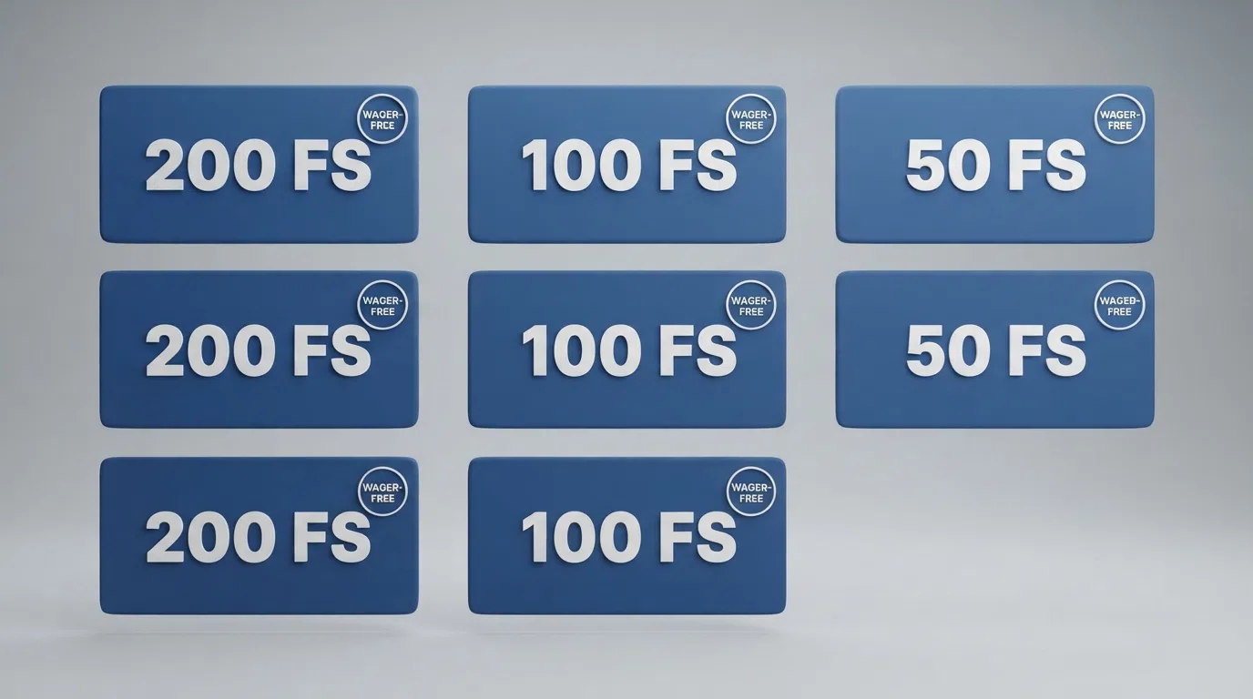 A side-by-side grid of UK casino welcome-offer banners showing free-spins counts and wager-free badges