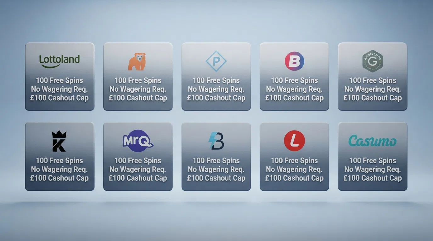 A side-by-side grid of ten UK-licensed casino operator logos arranged above their headline welcome-offer terms in a clean comparison layout