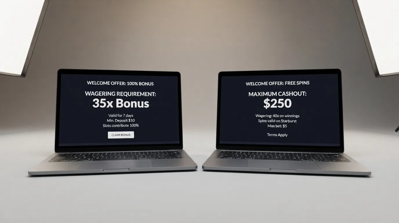 A split-screen comparison of two welcome-offer terms pages, one highlighting the wagering multiplier and the other the max cashout clause