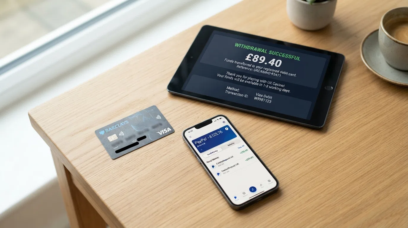 A flat-lay of a UK debit card, a smartphone showing a PayPal logo, and a casino withdrawal-confirmation screen