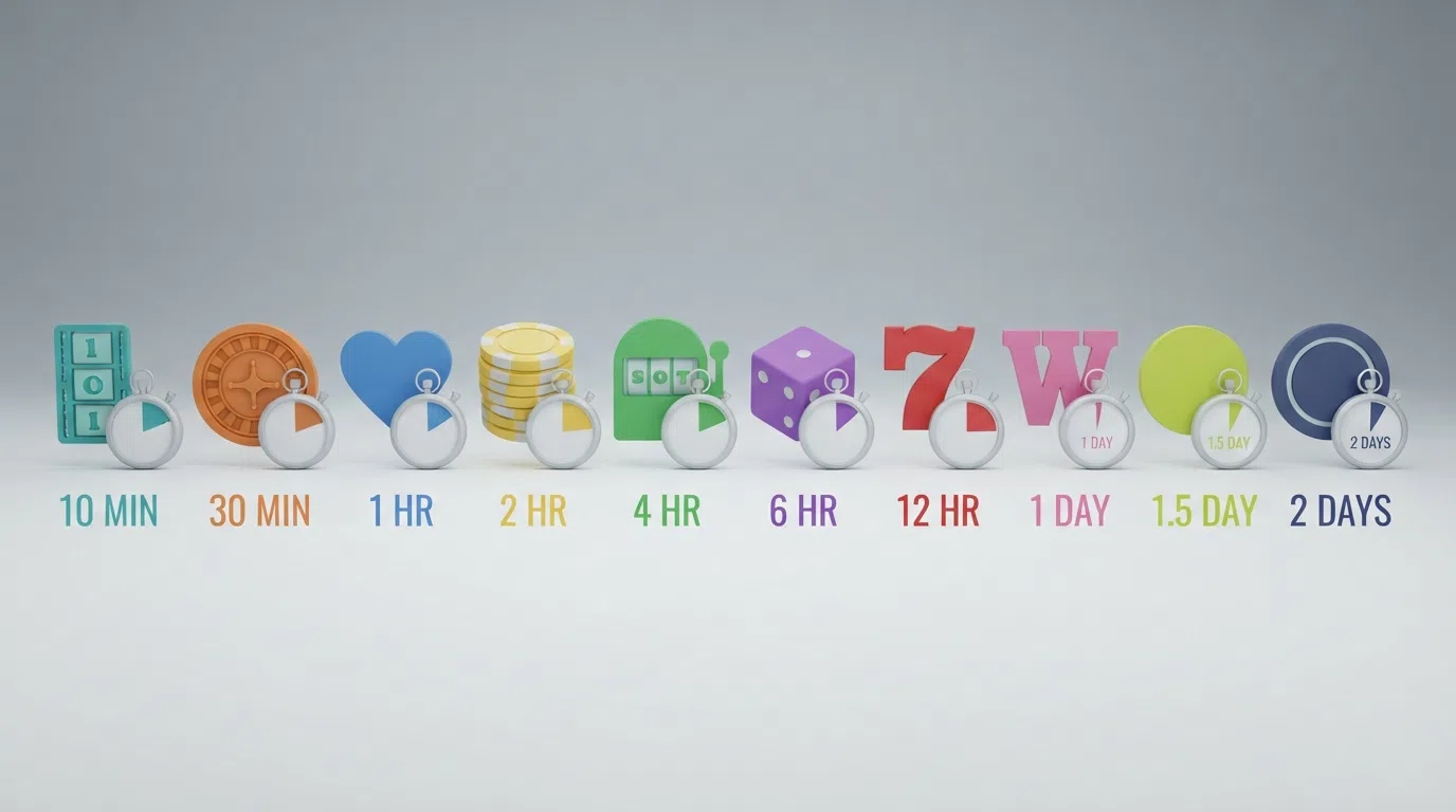 A visual ranking of ten UK casino logos ordered by their fastest tested payout time, from 10 minutes to 2 days, with a stopwatch motif