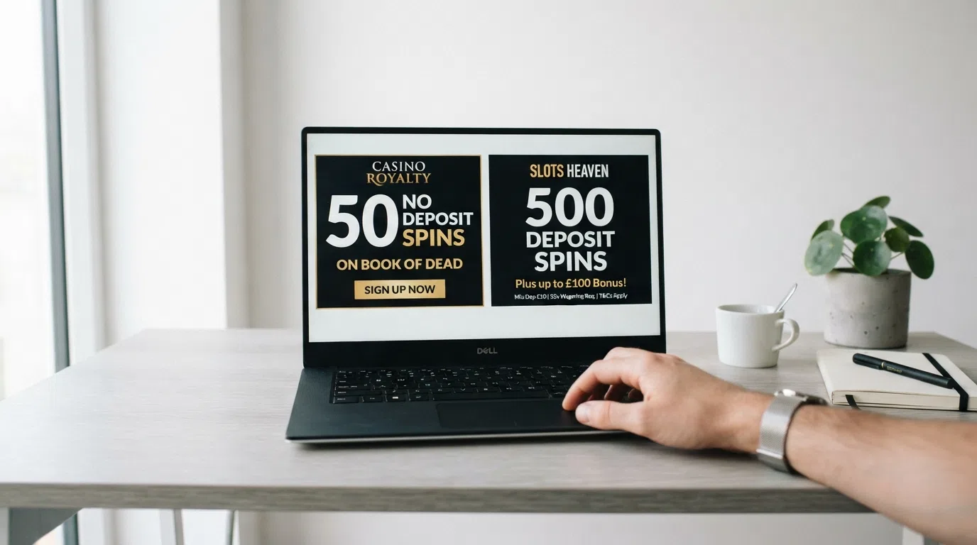 A desktop view of two casino welcome-offer panels placed side by side, one showing a no-deposit spin count and the other showing a deposit-triggered spin count with wagering terms visible