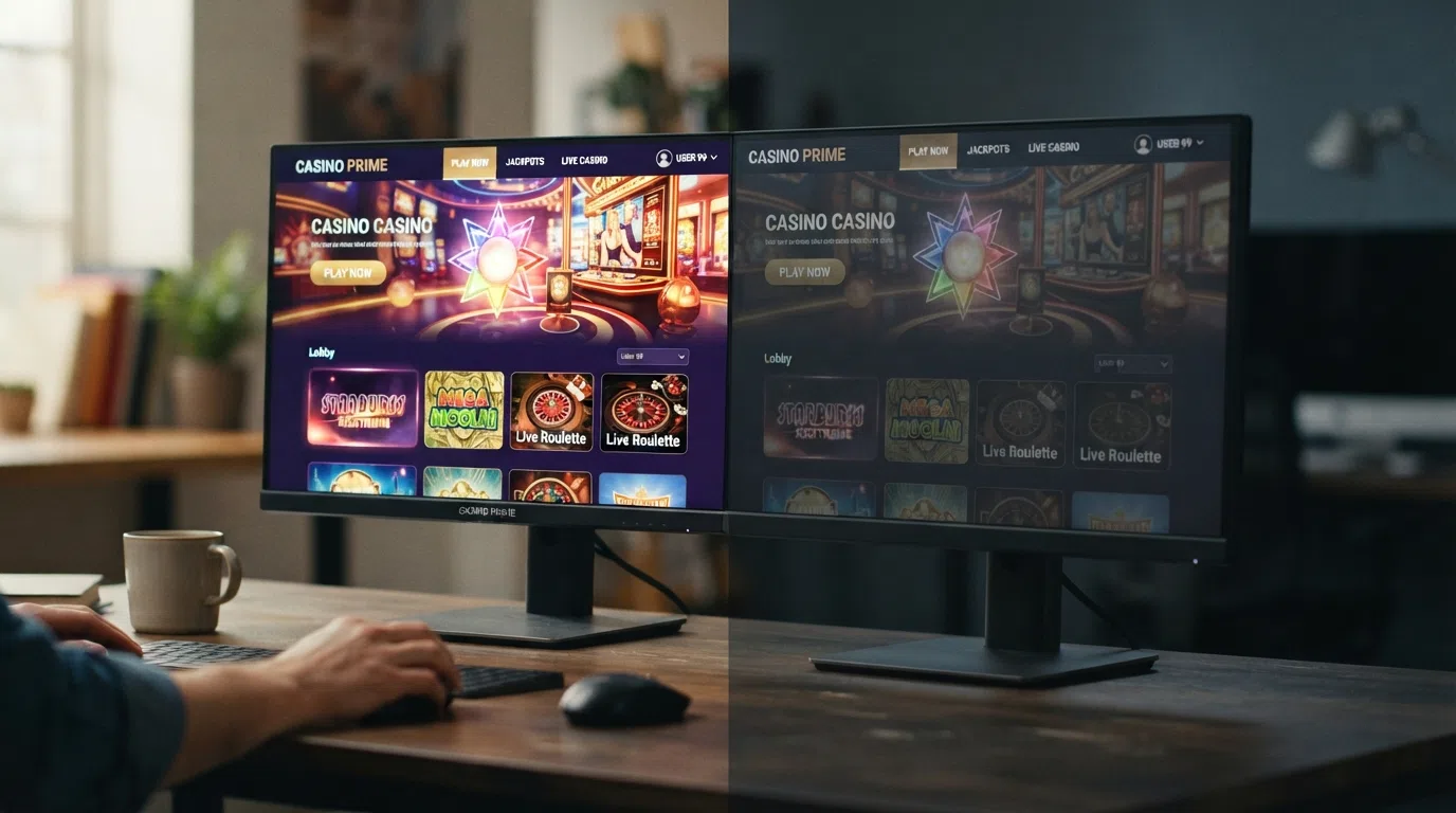 A split visual showing a casino lobby with slots displayed at full brightness on one side contrasted against a dimmed lobby on the other, representing Tier 1 versus Tier 2 RTP deployment