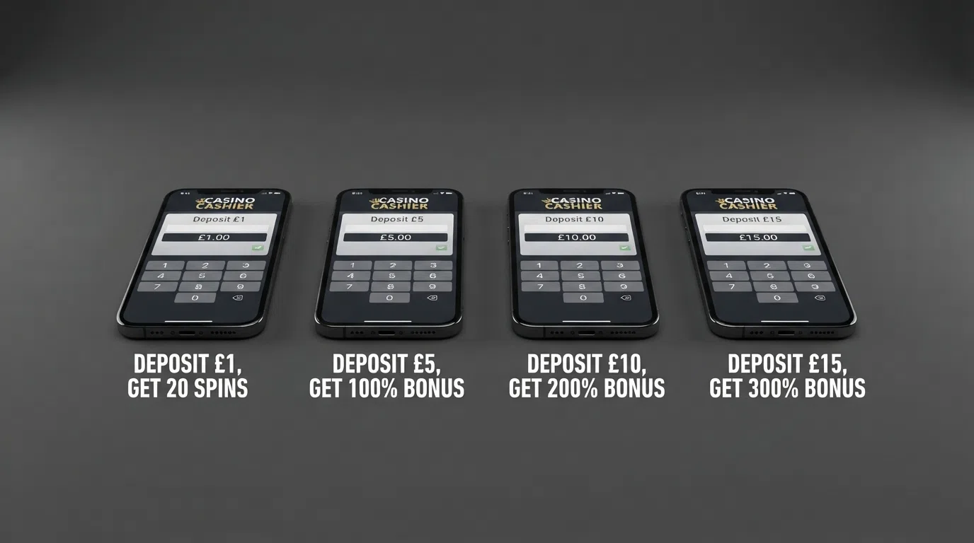 Four side-by-side panels showing a casino cashier screen with a different deposit amount entered in each — £1, £5, £10 and £15 — with the bonus offer that activates at each tier displayed beneath
