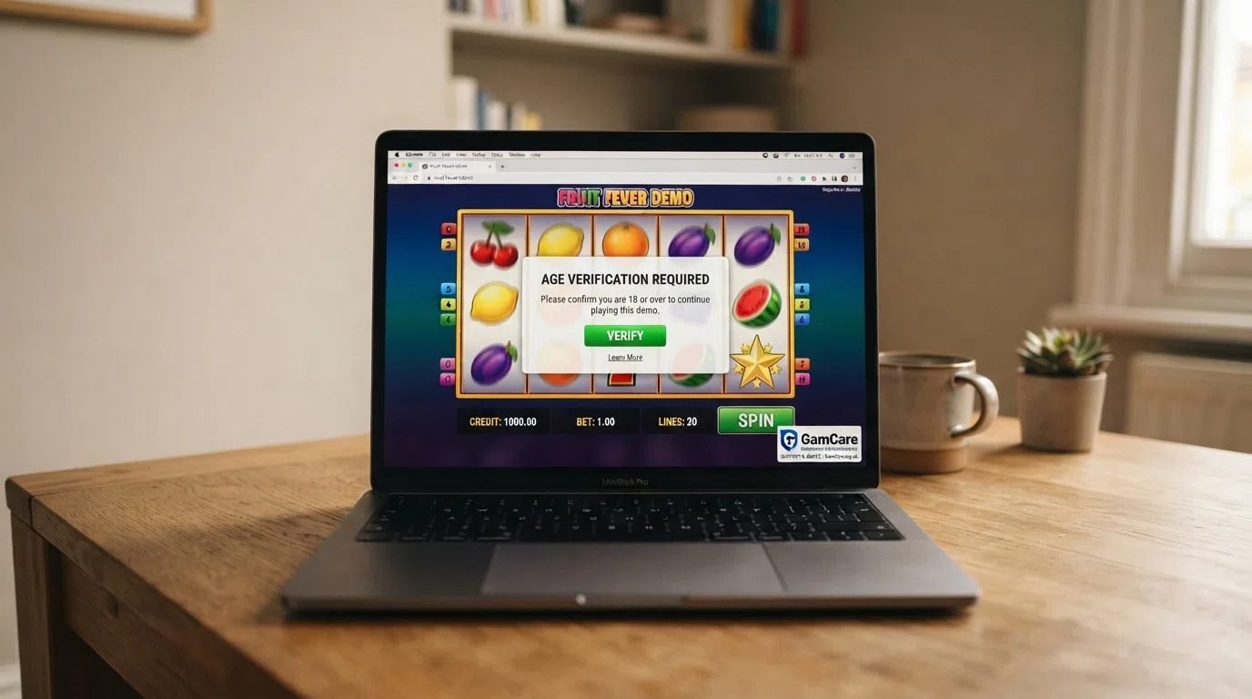 A browser window showing a slot game in demo mode with an age-verification prompt overlay and a GamCare helpline badge