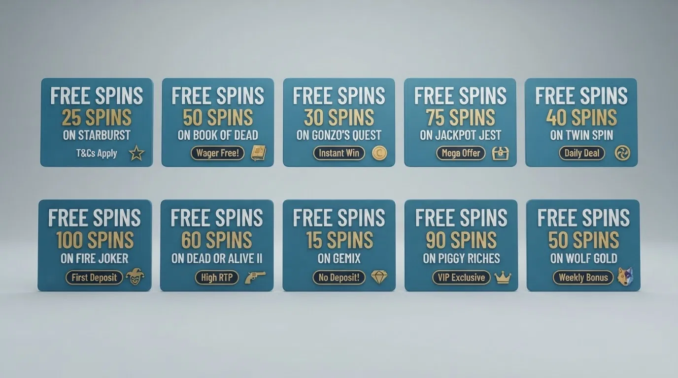 A side-by-side visual of ten UK casino brand cards arranged in a comparison grid, each showing its free-spins count and key terms