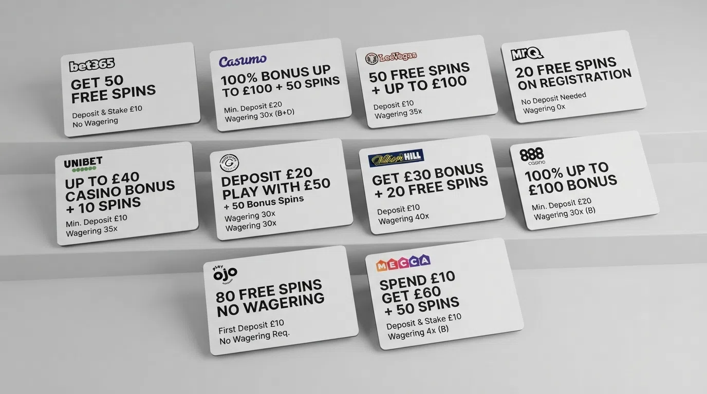 A side-by-side grid layout comparing casino welcome-offer cards showing free-spin counts, deposit requirements and wagering figures for multiple UK-licensed operators.
