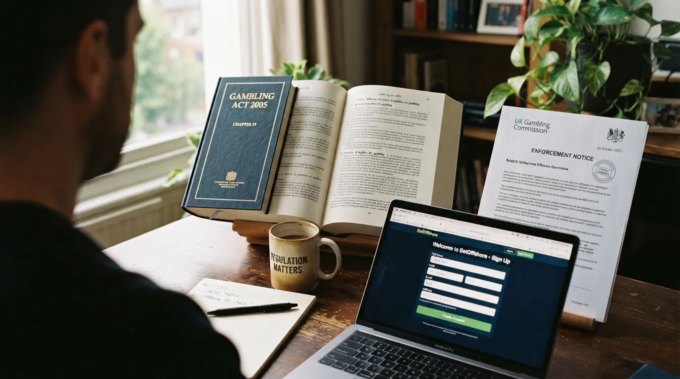 A desk photograph showing a printed copy of the Gambling Act 2005 open at section 33, a UKGC enforcement notice beside it, and a laptop screen displaying a casino registration form.