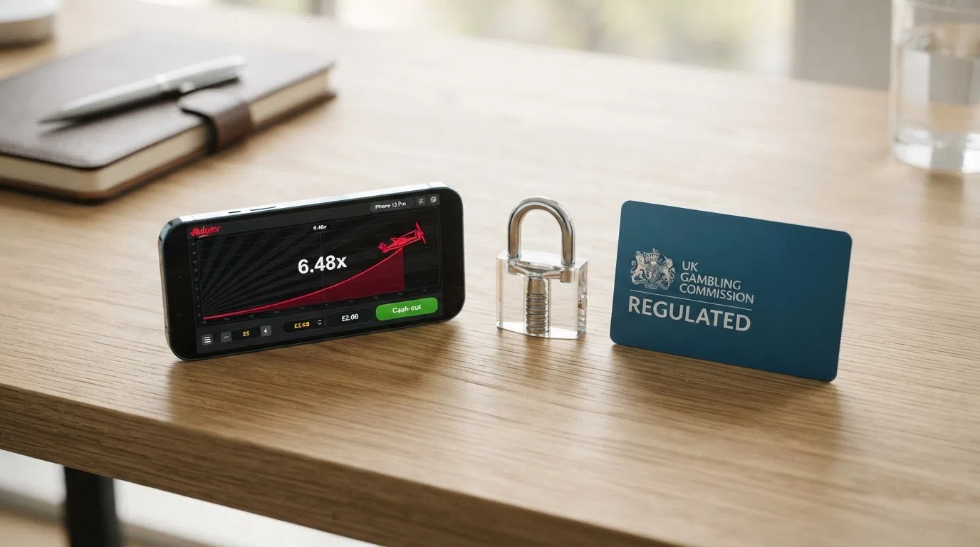 A UK Gambling Commission logo beside a smartphone showing the Aviator game interface, with a padlock icon connecting them
