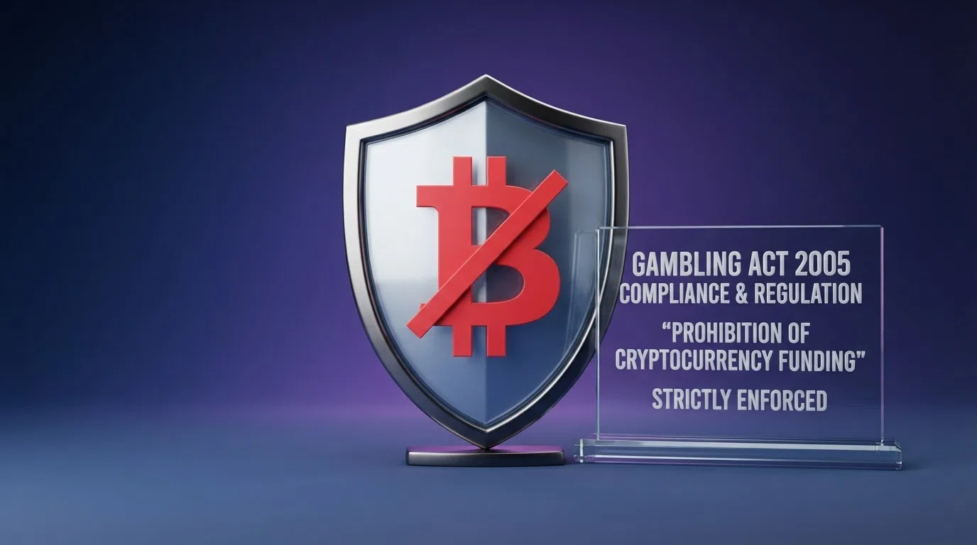 A close-up of the Gambling Act 2005 statute book open beside a screen showing the UKGC public register, with a crossed-out cryptocurrency symbol overlaid